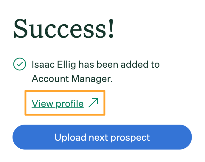 Prospect upload success message in Greenhouse Recruiting Chrome extension with View profile button highlighted