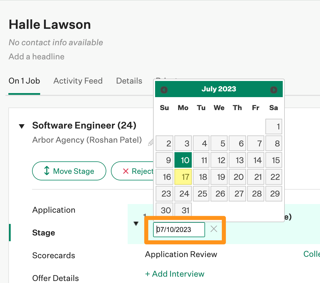 Calendar displayed for date selection on candidate profile application date field .png
