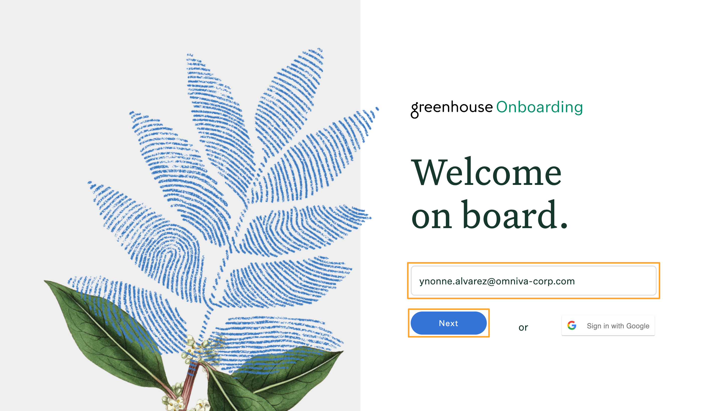 Greenhouse Onboarding login page with email field filled out and Next button highlighted