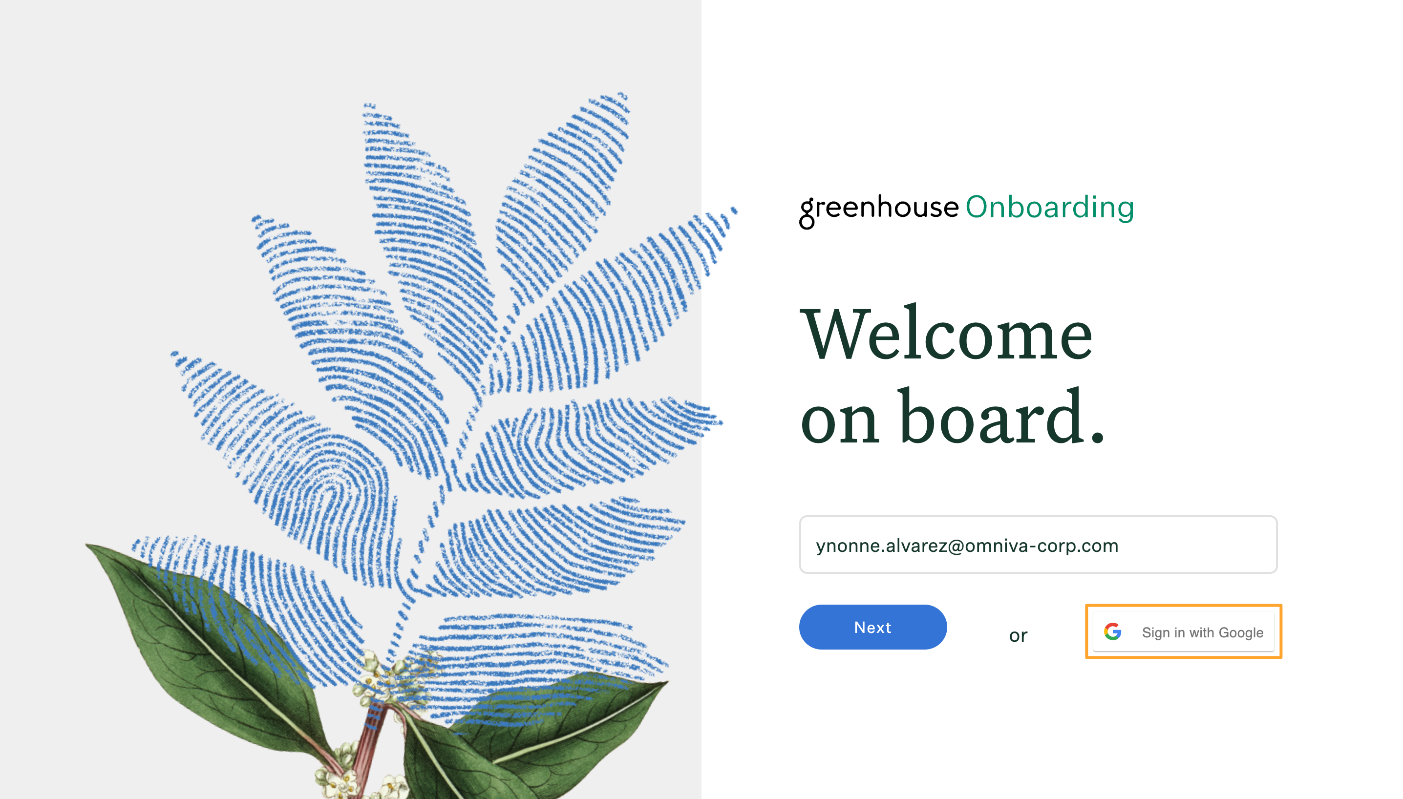 Greenhouse Onboarding login page with Sign in with Google button highlighted
