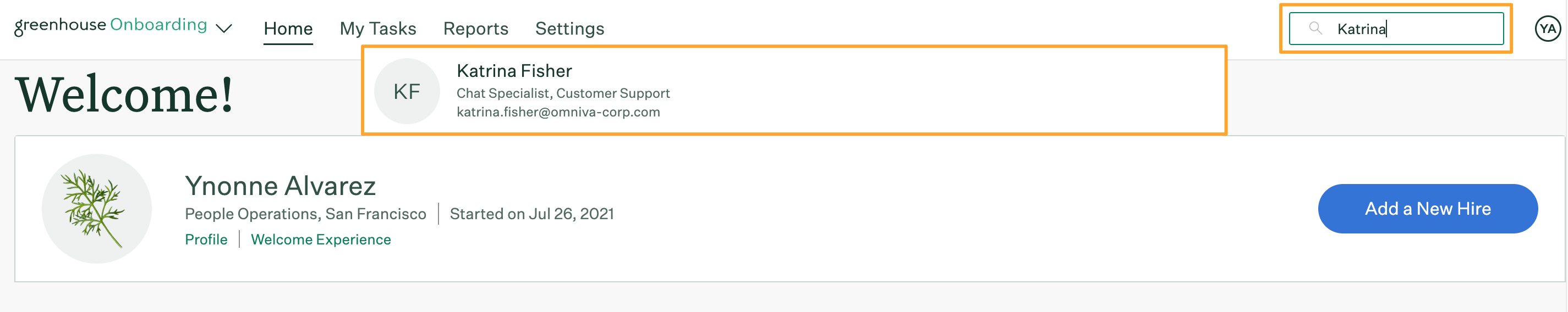 Owner view of Greenhouse Onboarding homepage with search bar highlighted and search result for new hire visible