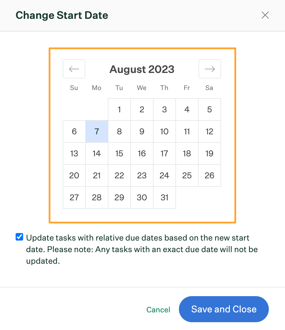 Change Start Date window in employee profile with calendar selection highlighted and new start date selected