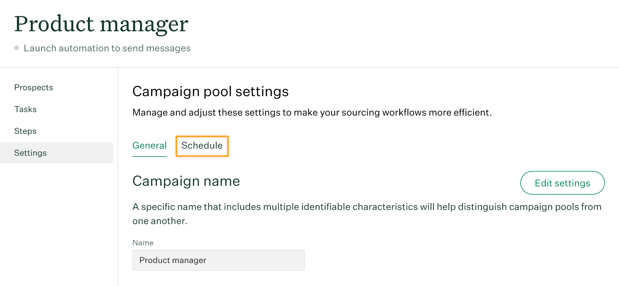 Product manager campaign pool Settings tab in Sourcing Automation with Schedule tab highlighted