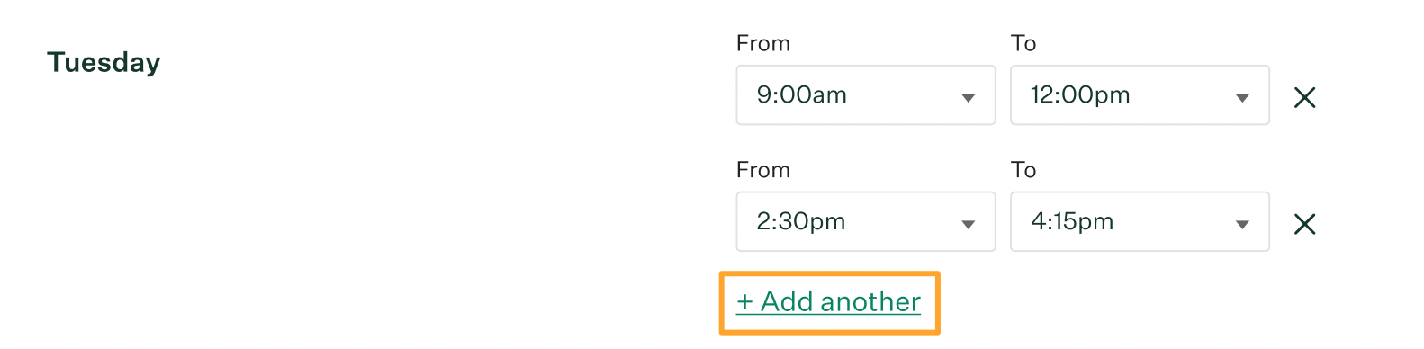 Campaign level schedule settings for Tuesday with Add another button highlighted