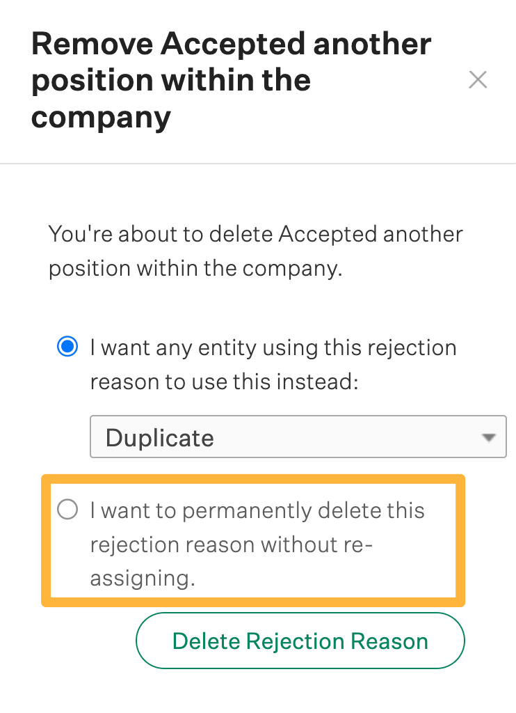 Delete a rejection reason modal showing the option to delete without reassigning a new reason.png