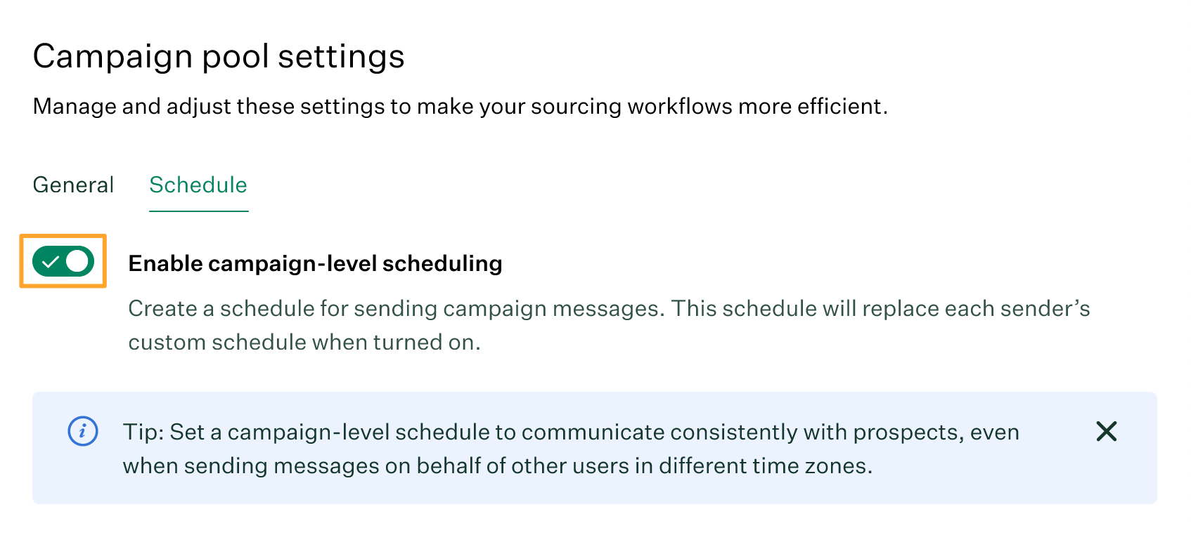 Campaign pool settings page with Schedule tab opened and Enable campaign level scheduling turned on and highlighted