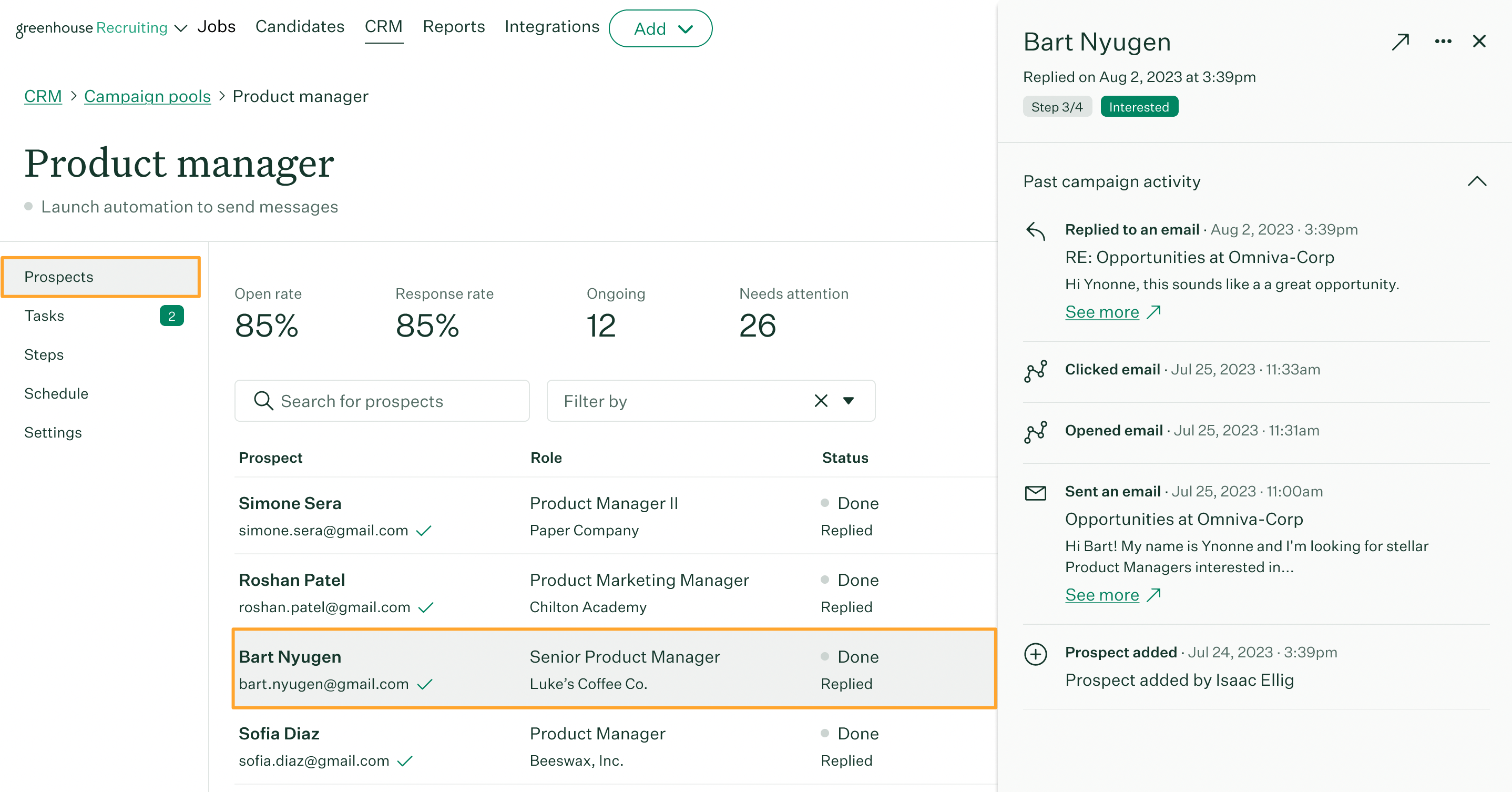 Product manager campaign pool page with prospect row highlighted and activity panel opened