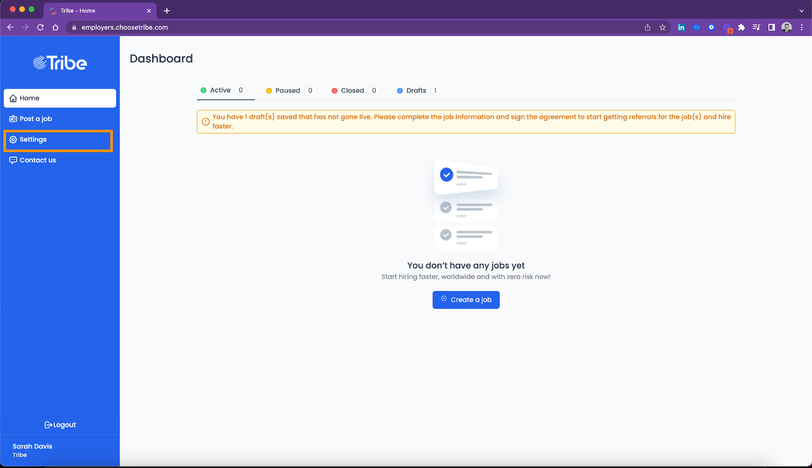 Tribe platform shows Settings highlighted on the left