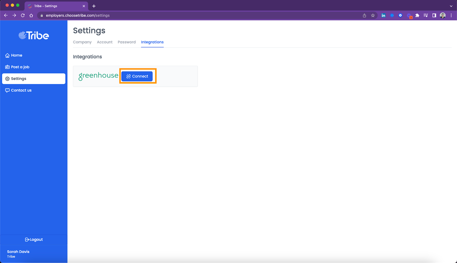 Tribe platform shows Connect to Greenhouse button highlighted