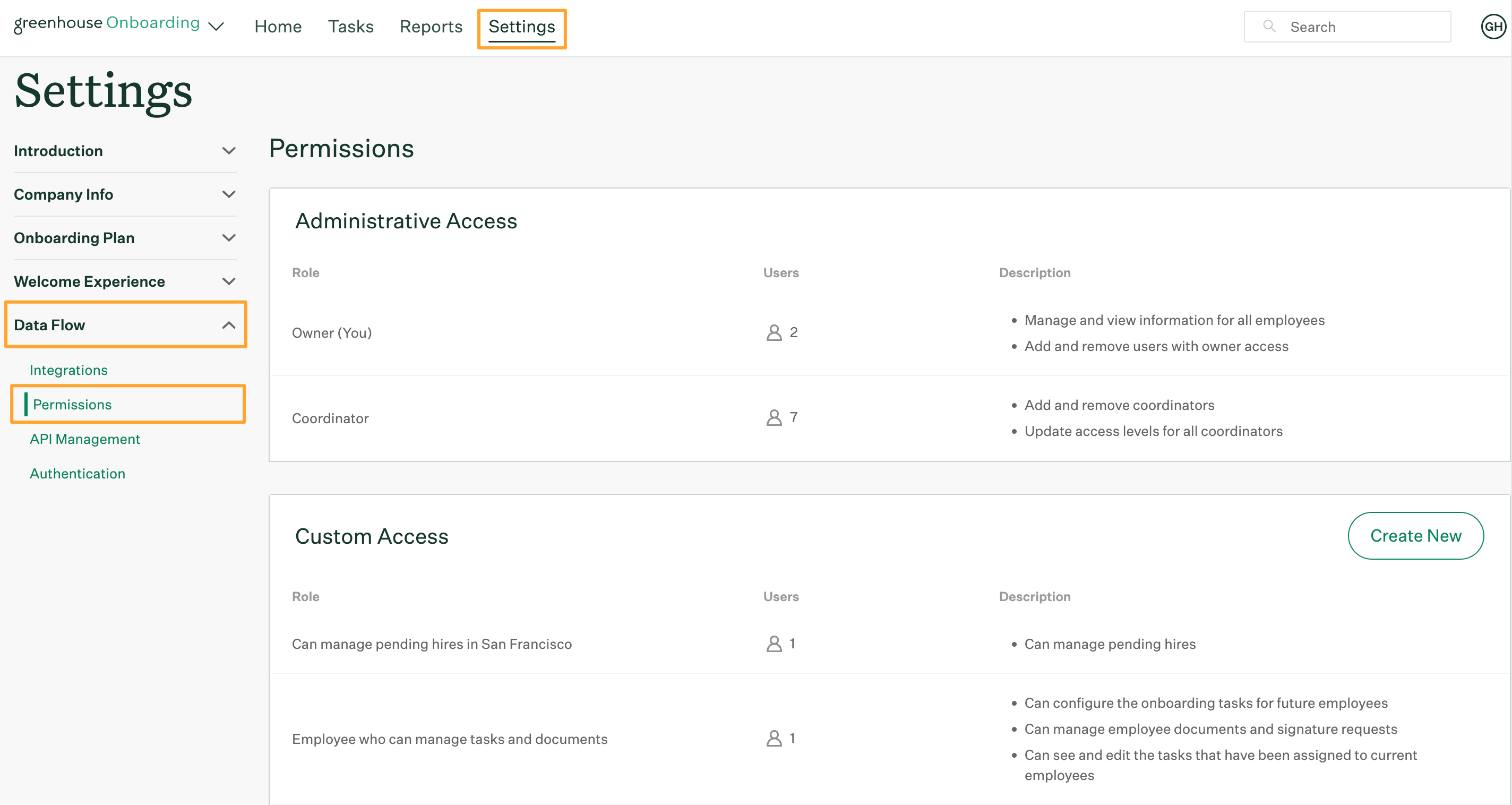 Permissions page in Greenhouse Onboarding settings with navigation from the settings button to data flow to the permissions tab highlighted