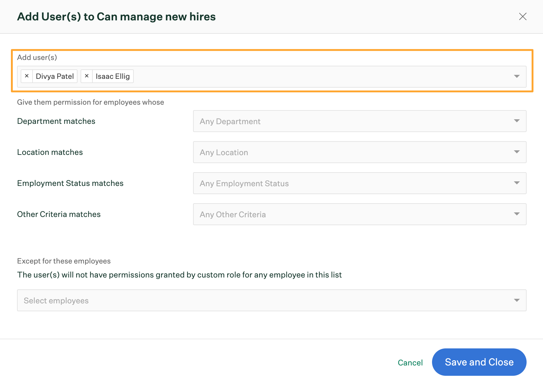 Adding two users to new custom role for managing new hires with Add users field highlighted
