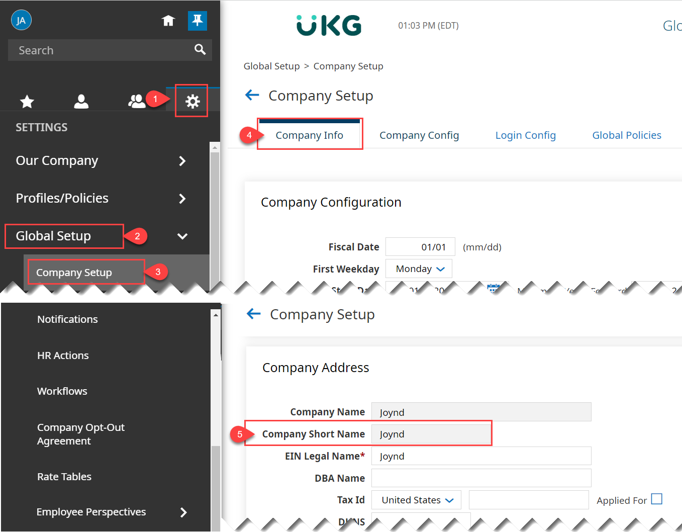 The UKG Ready platform shows company short name and company ID listed