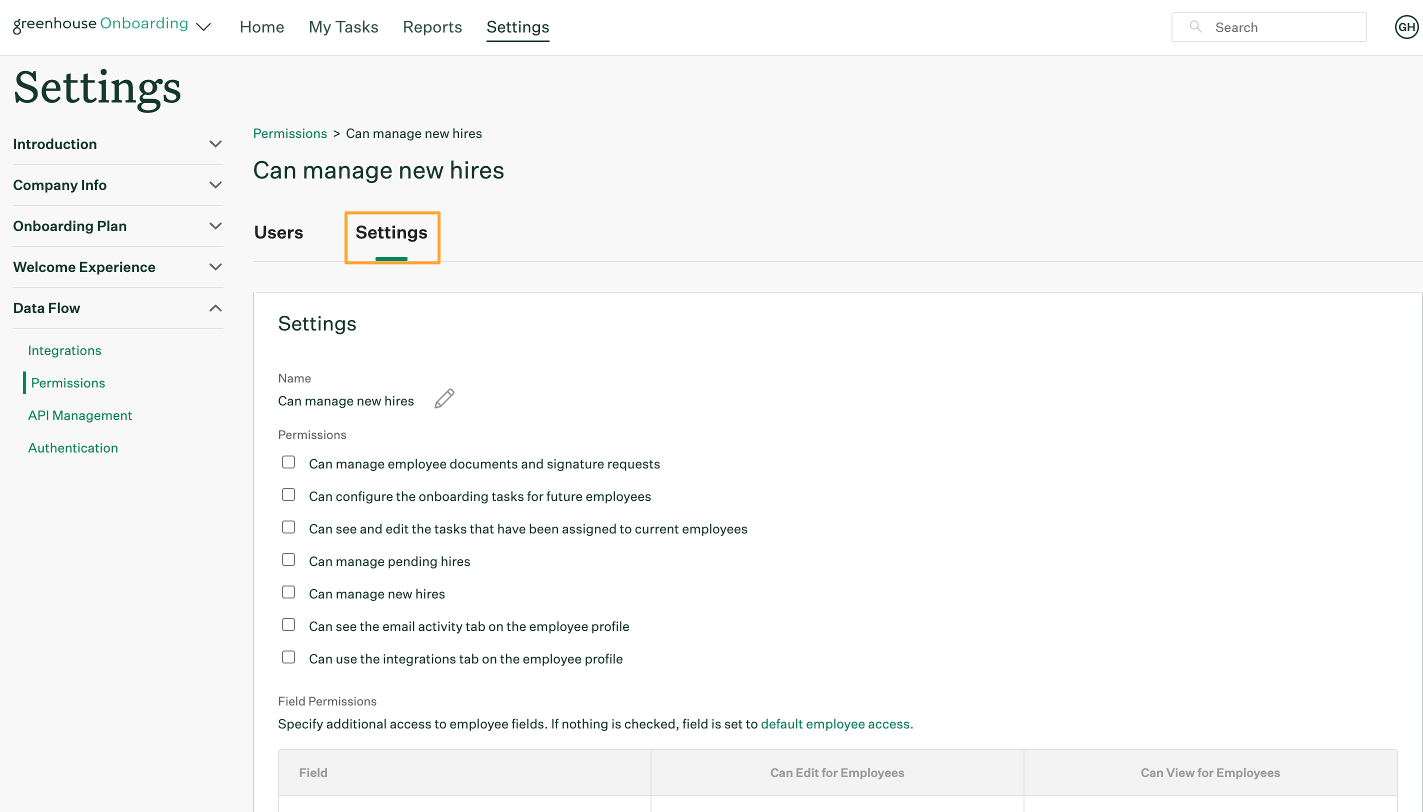 Greenhouse Onboarding Settings page with new custom role settings tab opened and highlighted