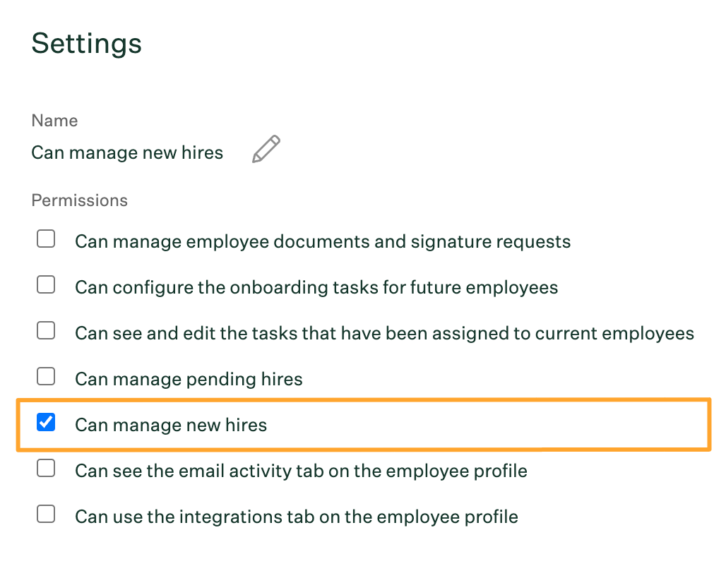 New custom access role settings permissions section with Can manage new hires permission turned on and highlighted