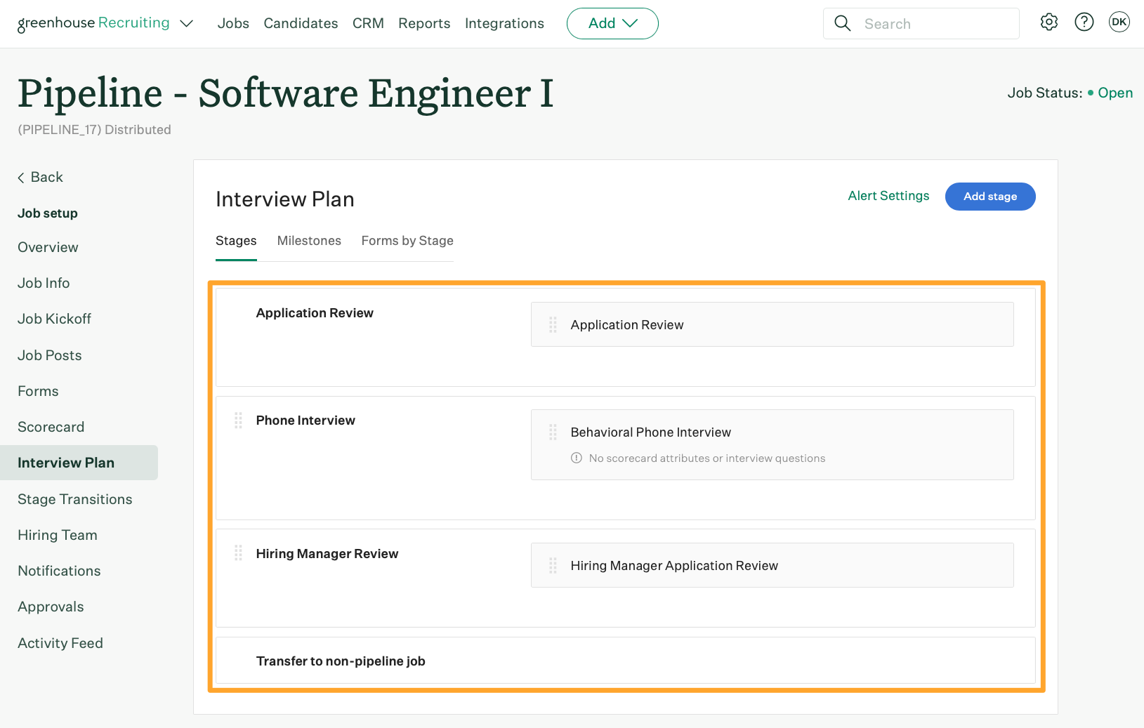 A job named Pipeline Software Engineer 1 shows four unique interview plan stages highlighted by a marigold emphasis box