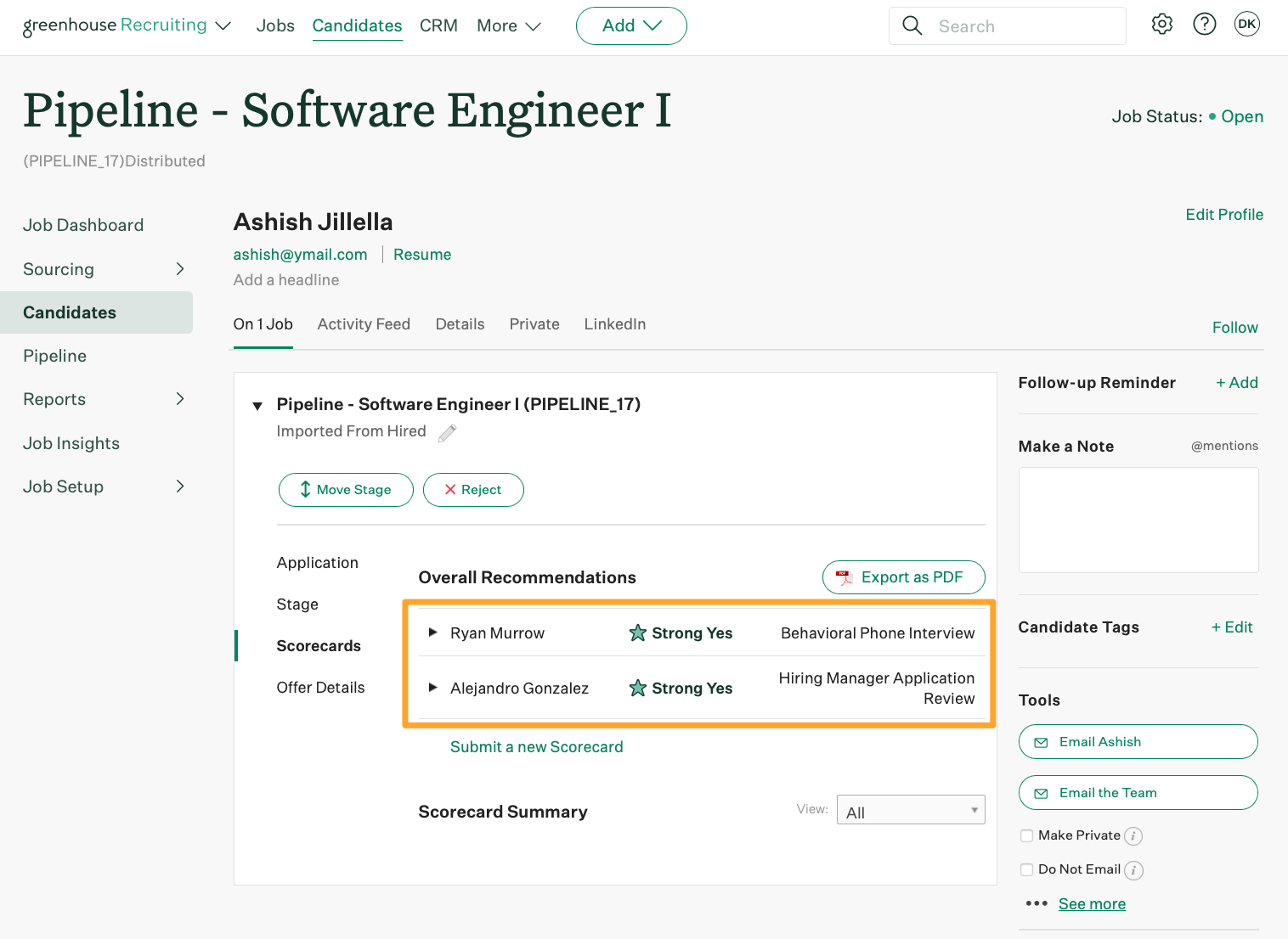 An example candidate named Ashish Jillella is shown with strong yes scorecards on two interviews on the Pipeline - Software Engineer 1 job