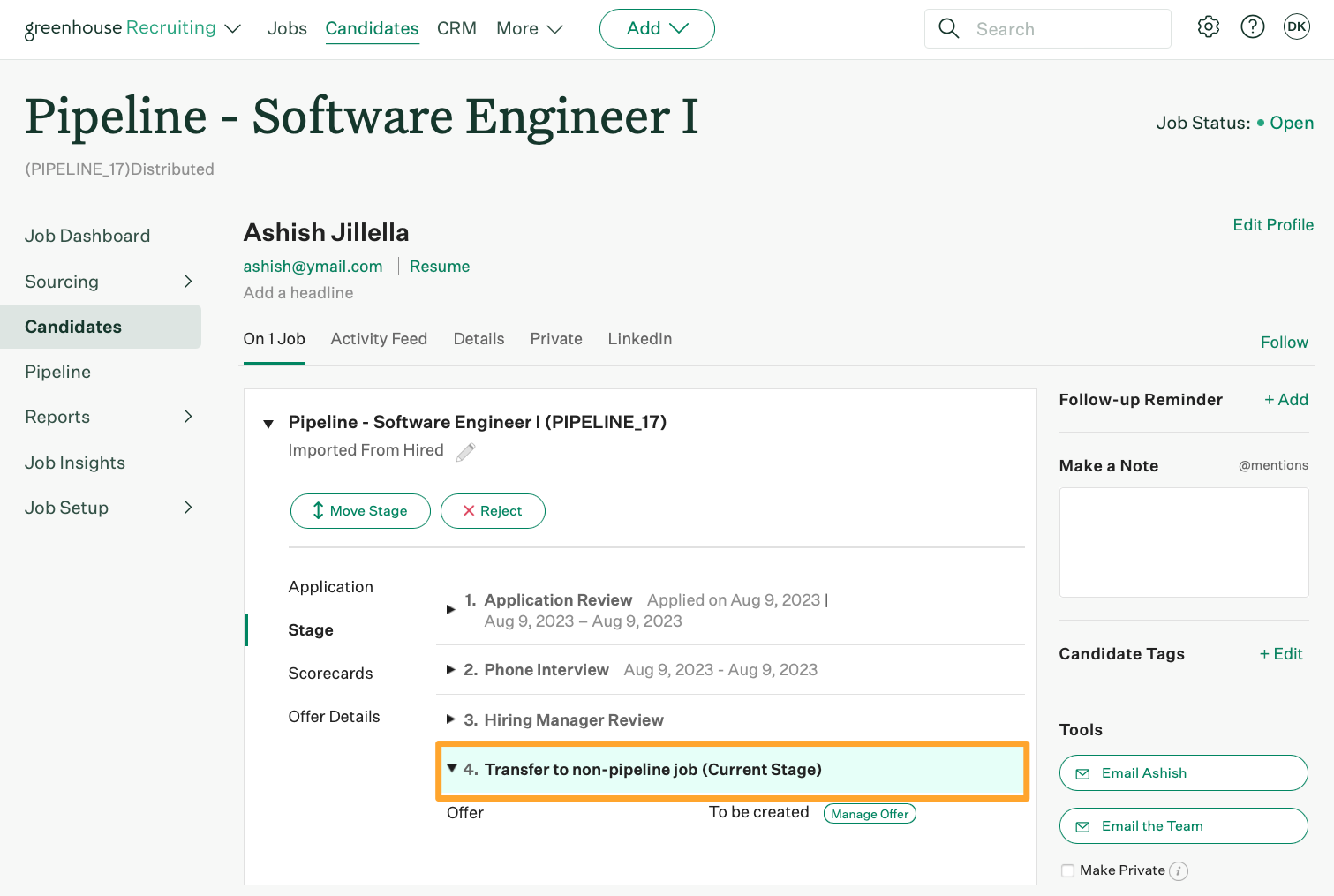 An example candidate named Ashish is in a custom offer stage called Transfer to non-pipeline job