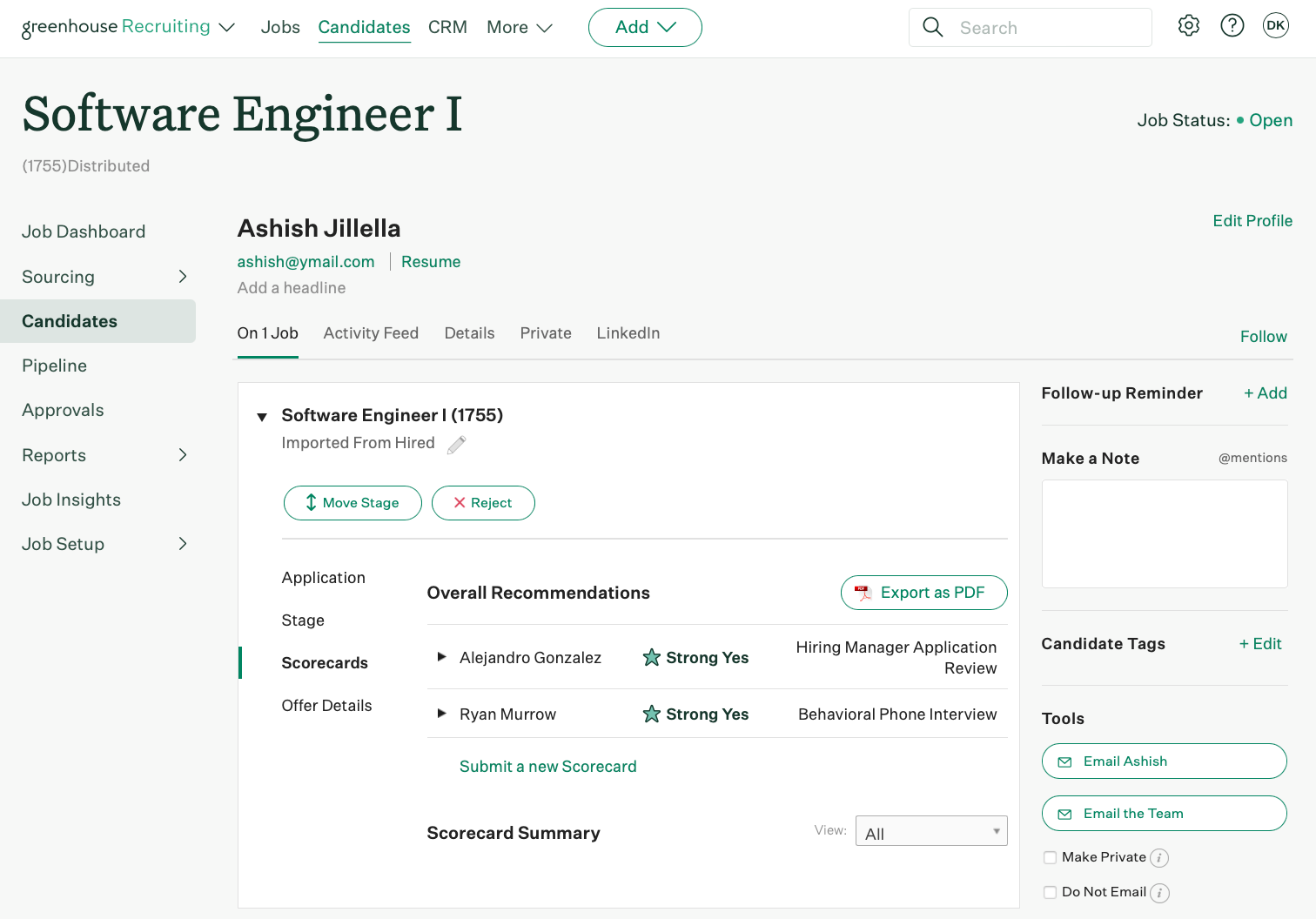 A candidate named Ashish is shown on the Software Engineer 1 job with all pipeline scorecards transferred to the matching stages