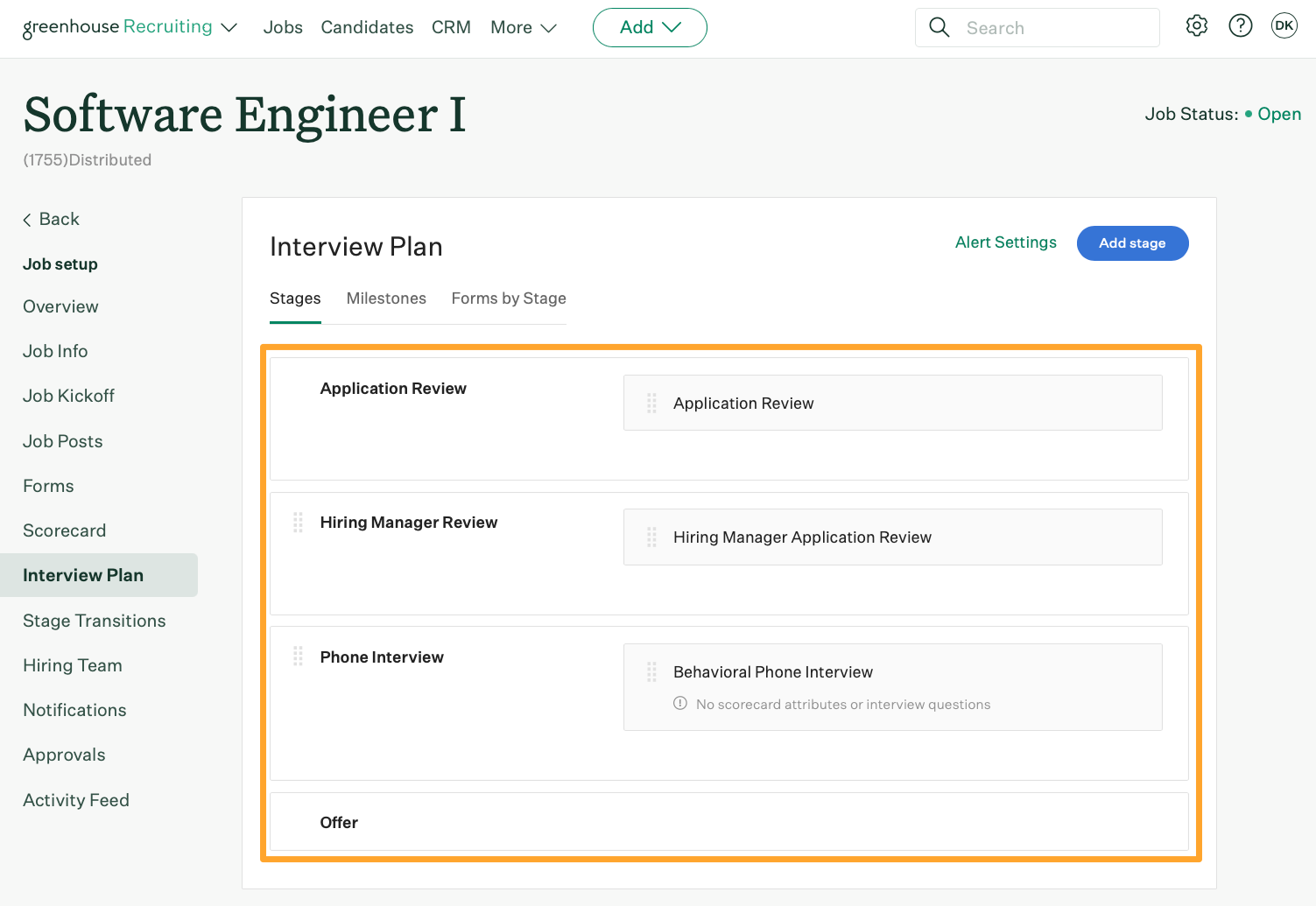 A job named Software Engineer 1 shows an interview plan with a mix of interview stages that generally match the pipeline job setup referenced earlier