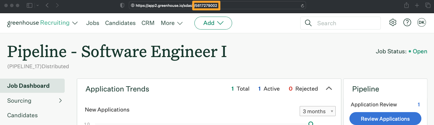 An example job named Pipeline Software Engineer 1 is shown with the job ID highlighted in the URL of the page on the browser