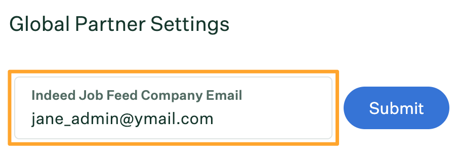 The Global Partner Settings page shows an example email entered for the Indeed integration.png