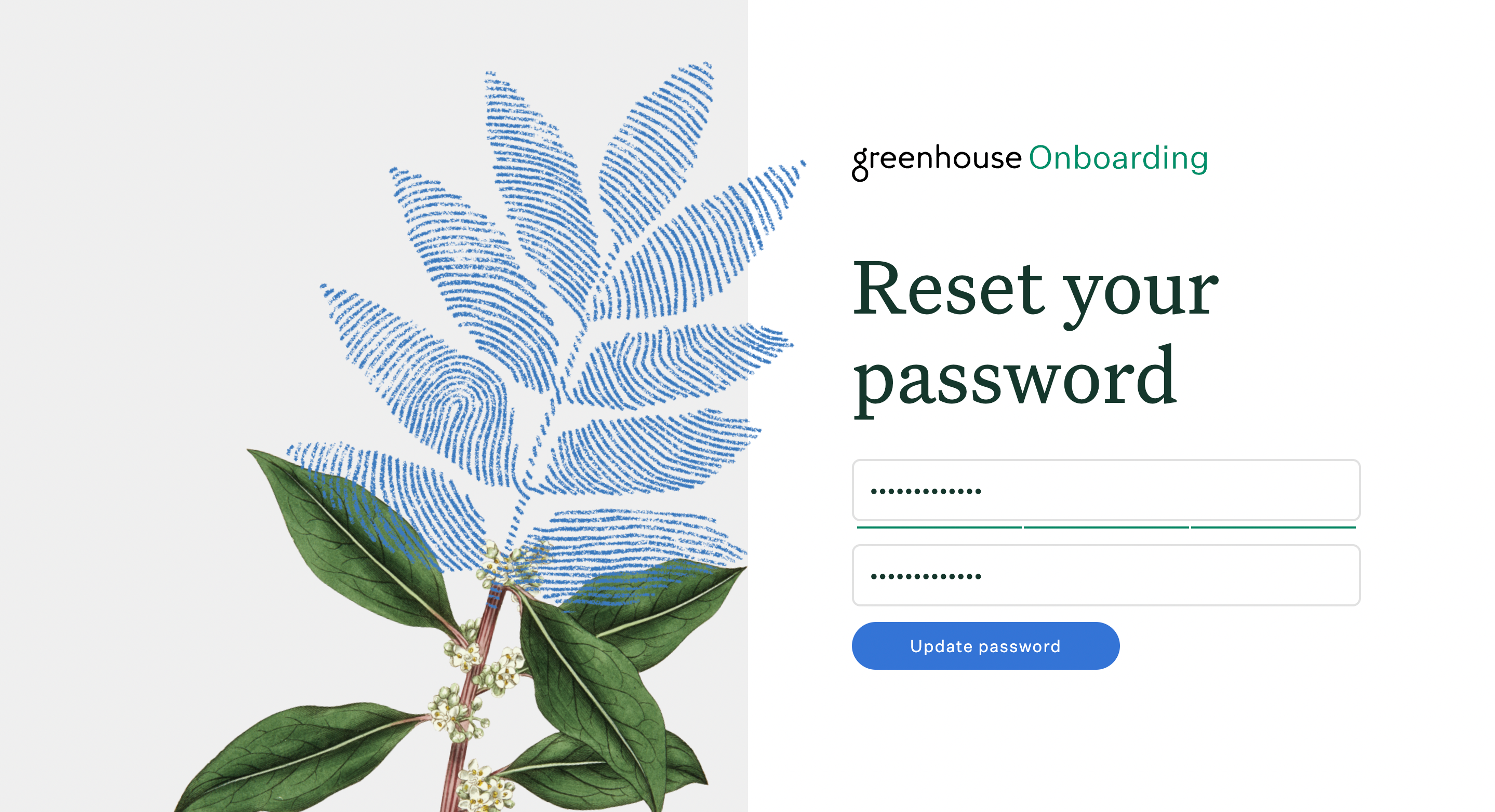 Greenhouse Onboarding password reset page with strong new password filled out twice and green line indicating high strength
