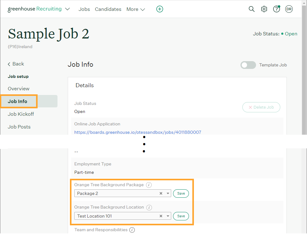 An example job shows the Orange Tree Background Package and Orange Tree Background Location fields set to Package 2 and Location 101 respectively