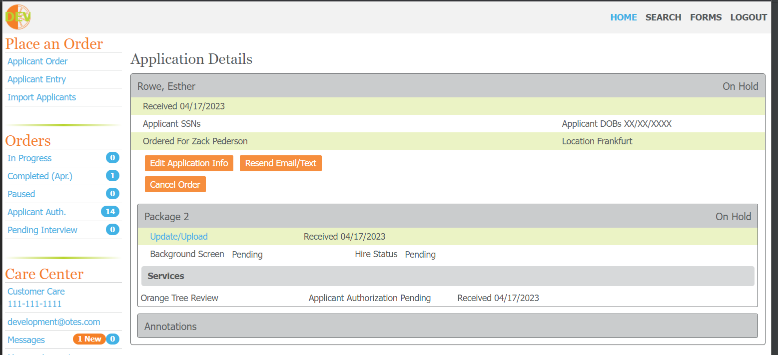 The Orange Tree platform shows example candidate background screening results