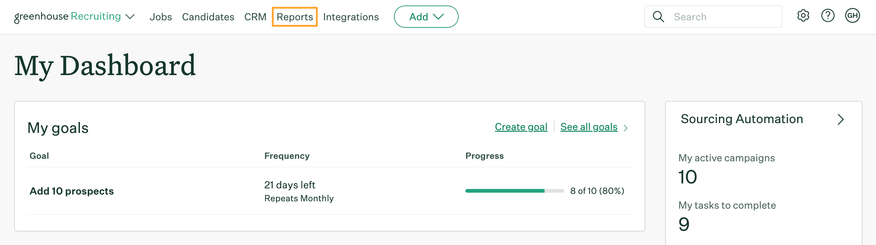 Greenhouse Recruiting dashboard with Reports button in navigation bar highlighted