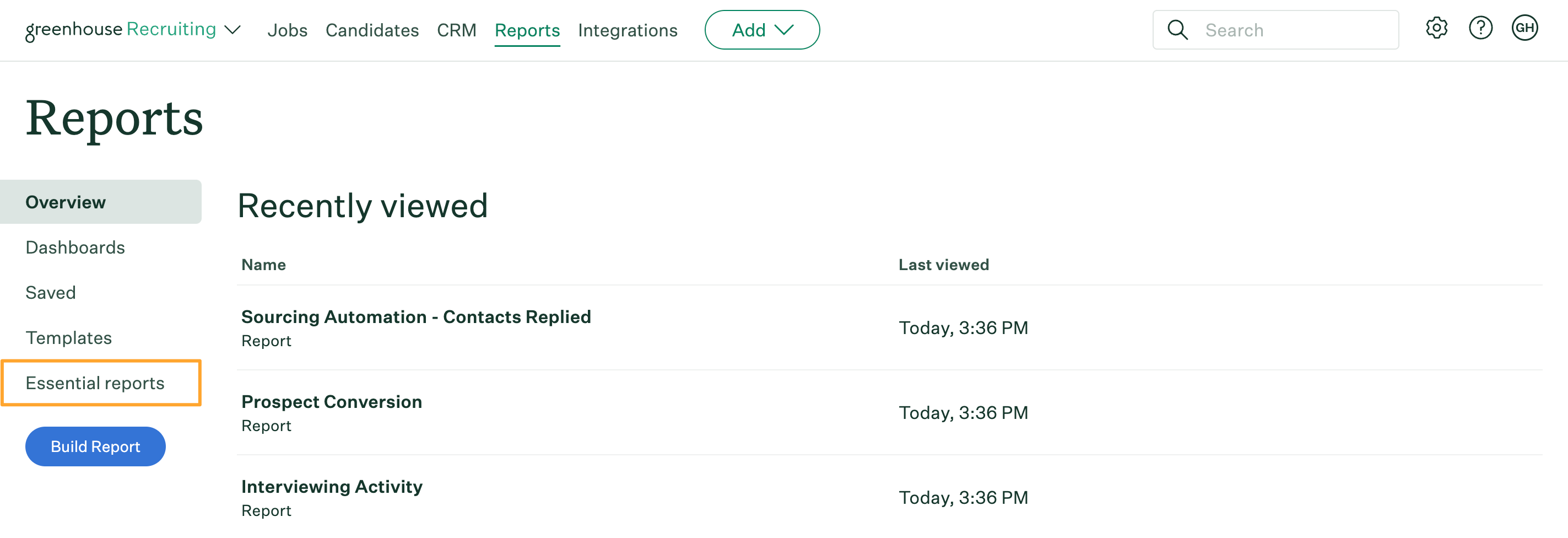 Greenhouse Recruiting Reports page with Essential reports tab highlighted