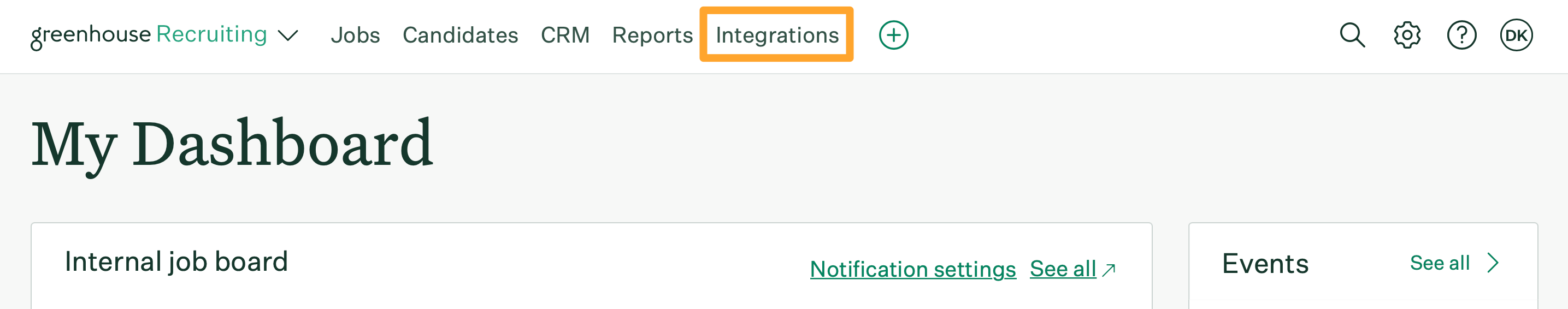 The My Dashboard page shows the Integration button highlighted in marigold at the top of the page