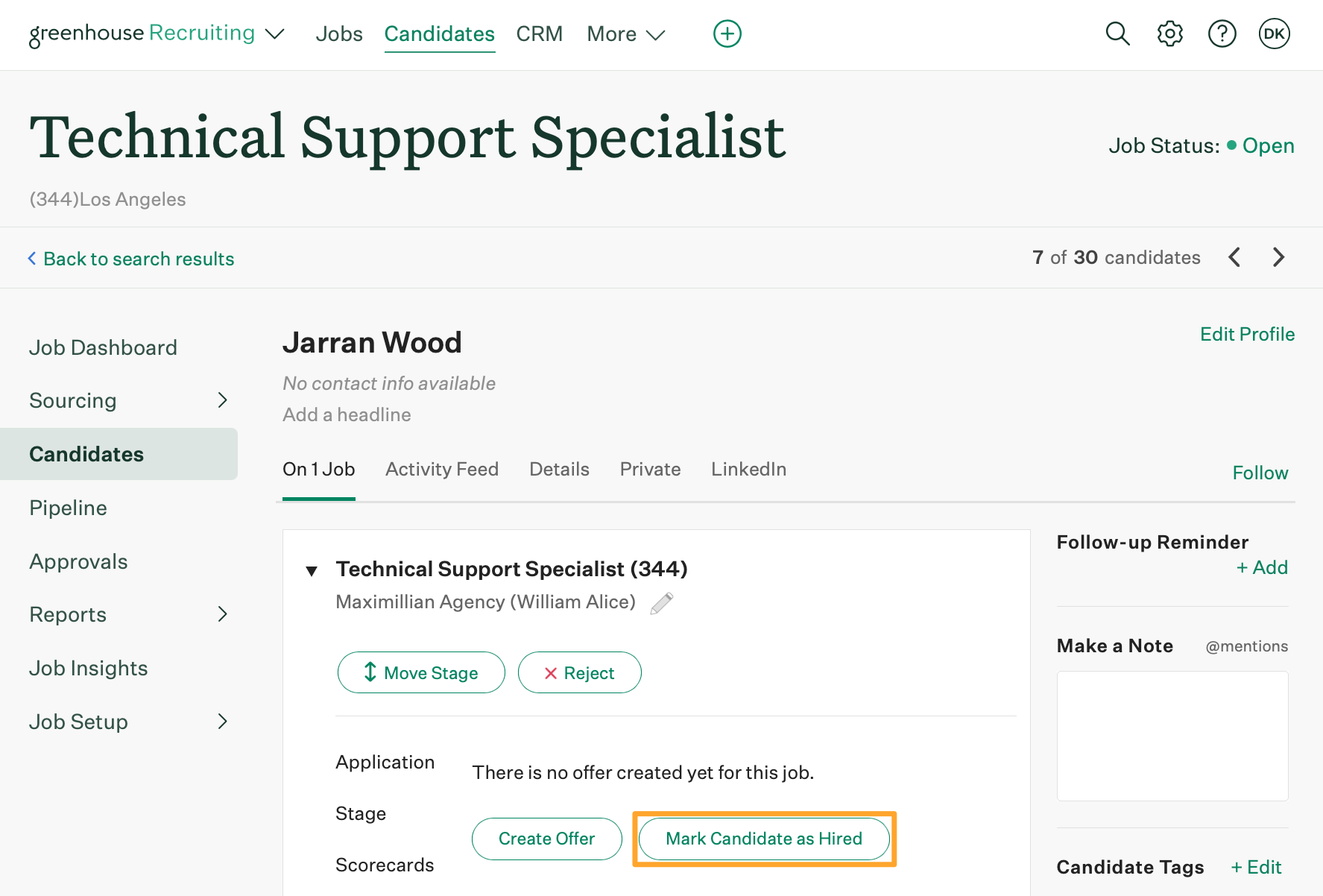 A candidate named Jarran Wood is shown on the Technical Support Specialist job with Mark Candidate as Hired highlighted in marigold