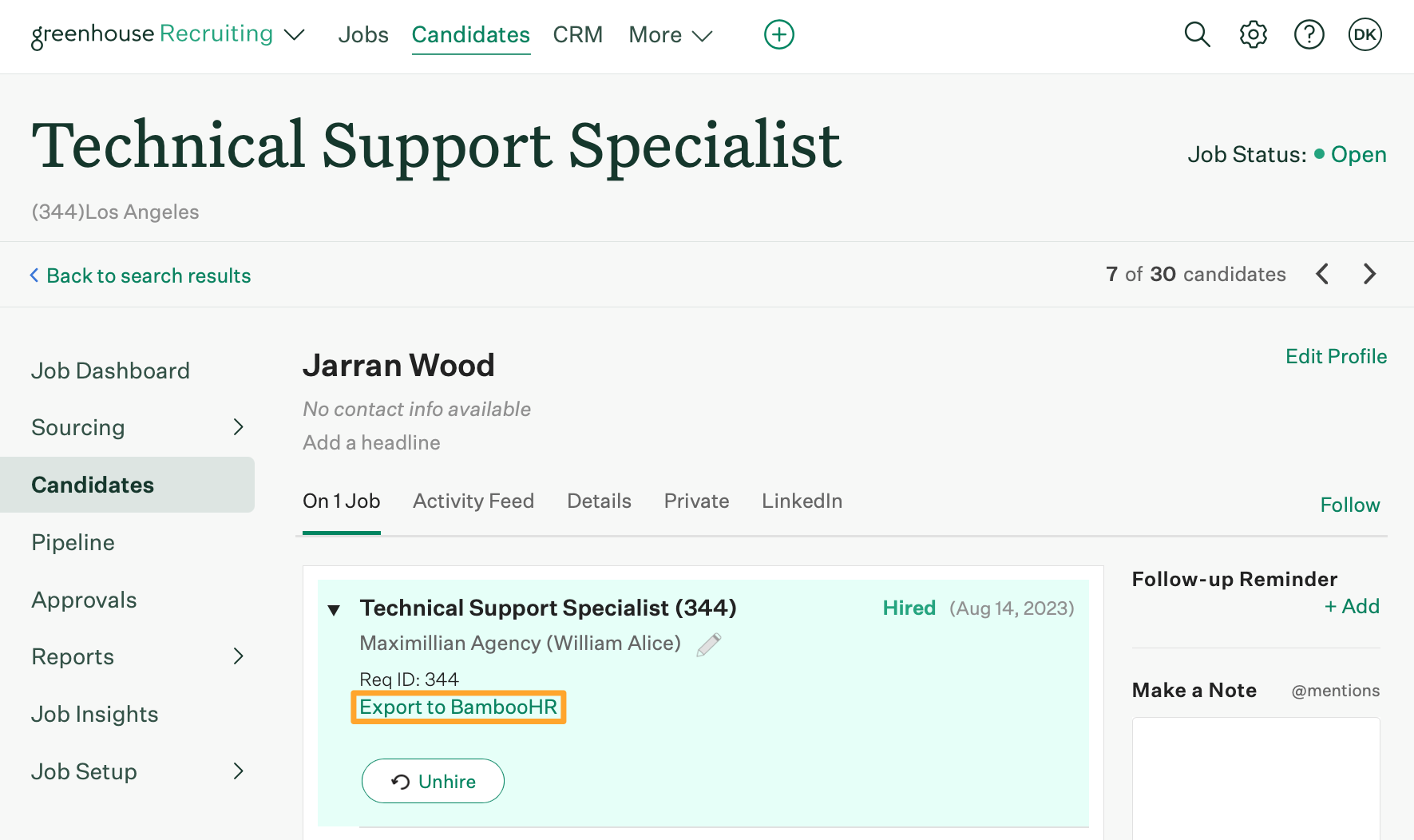 A new hire named Jarran Wood is shown on the Technical Support Specialist job with Export to BambooHR button highlighted in marigold