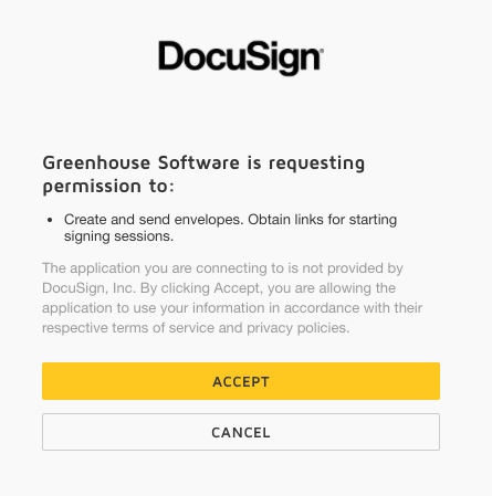The DocuSign integration shows Accept button highlighted in marigold