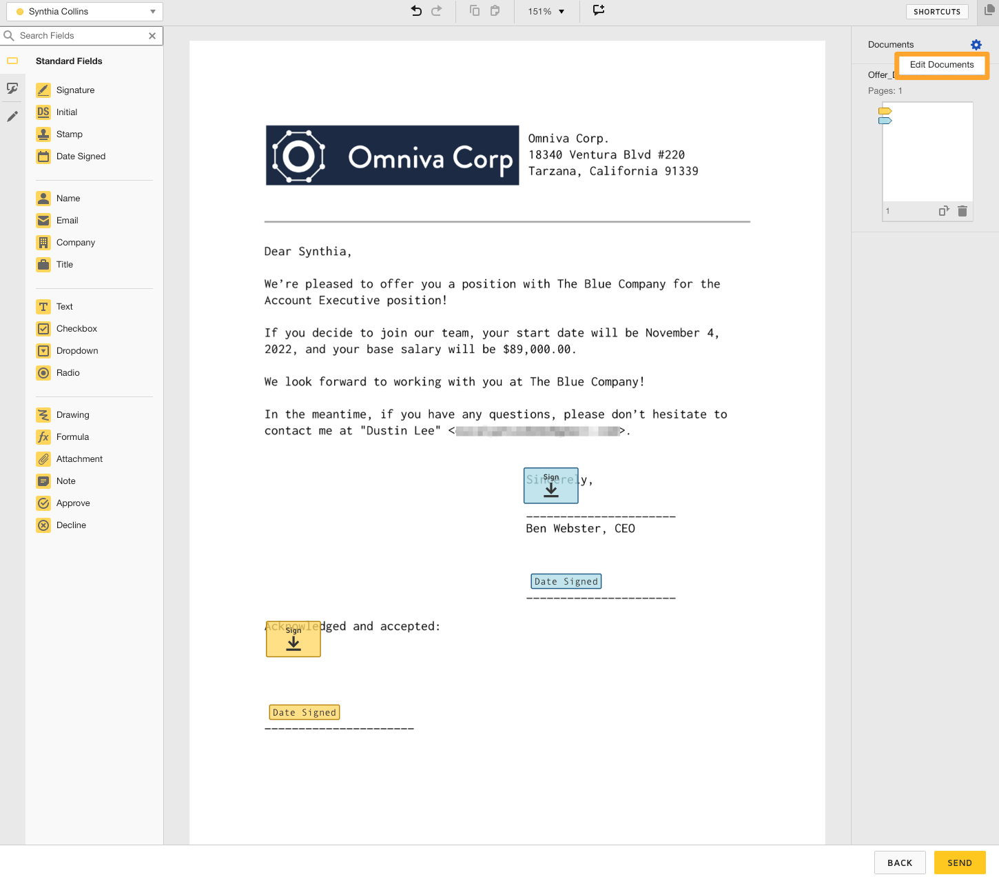 An example offer letter is shown on DocuSign from Omniva Corp with the Edit Documents button highlighted at the top-right