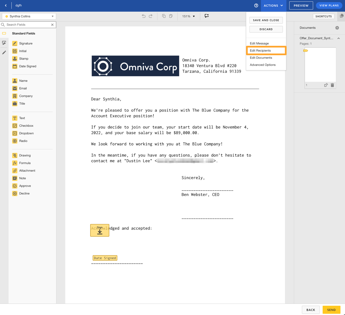 An example offer letter from Omniva Corp is shown on DocuSign with the Actions, Edit Recipients button highlighted in marigold at the top right