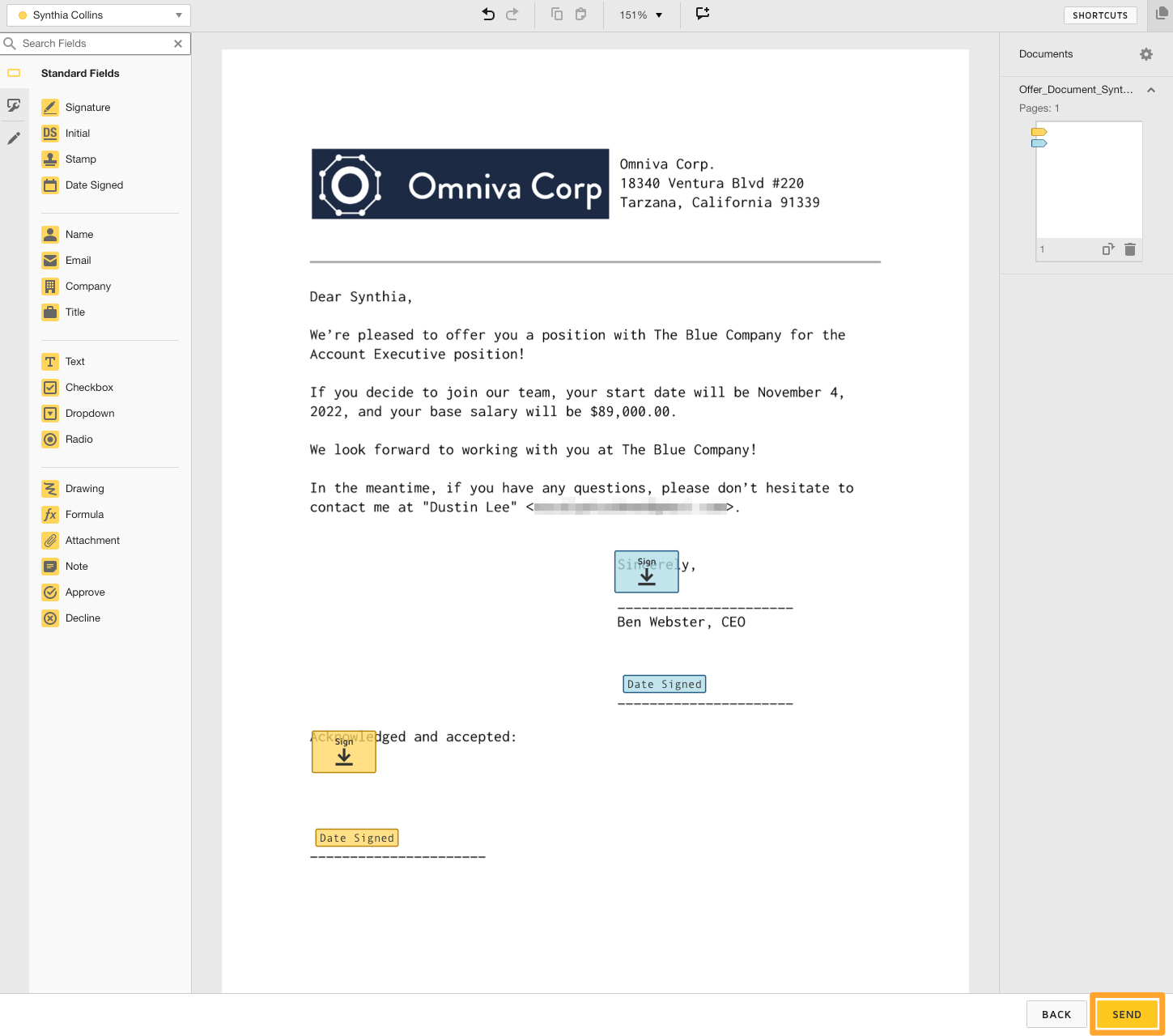 An example offer letter from Omniva Corp is shown in DocuSign with the date and signature fields highlighted