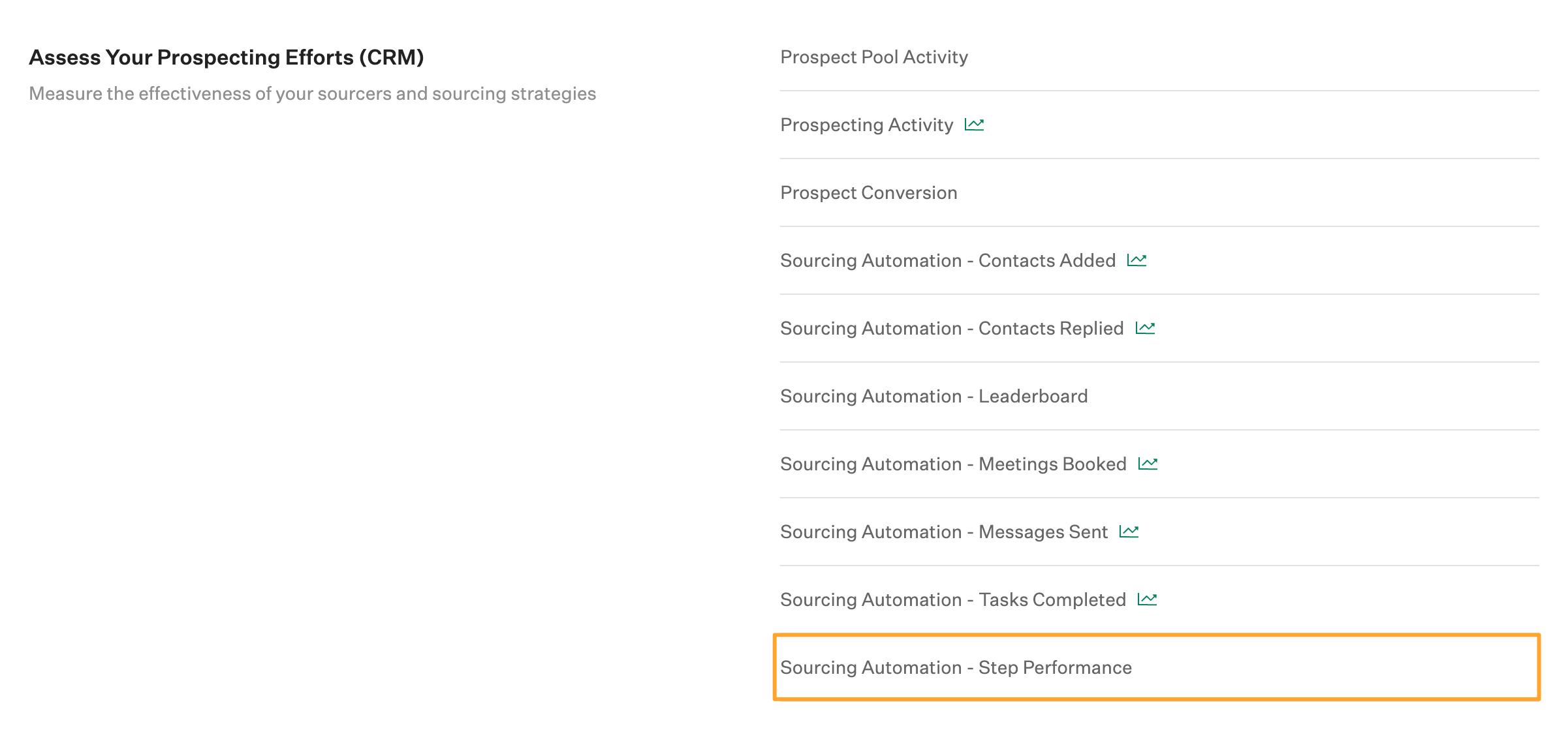 Assess Your Prospecting Efforts section in Essential reports page with Step performance report option highlighted