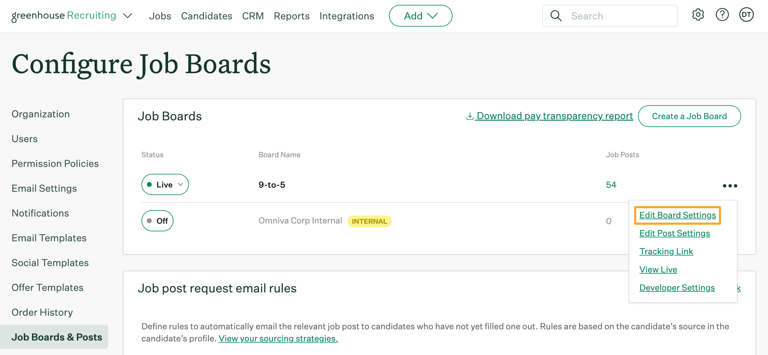 The Configure Job Boards page shows a job board named 9 to 5 with Edit Board Settings highlighted in marigold