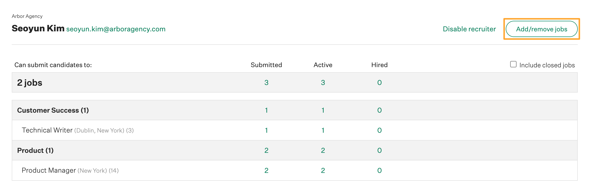 Agency recruiter page opened in Agencies tab in Configure page with Add remove job button highlighted