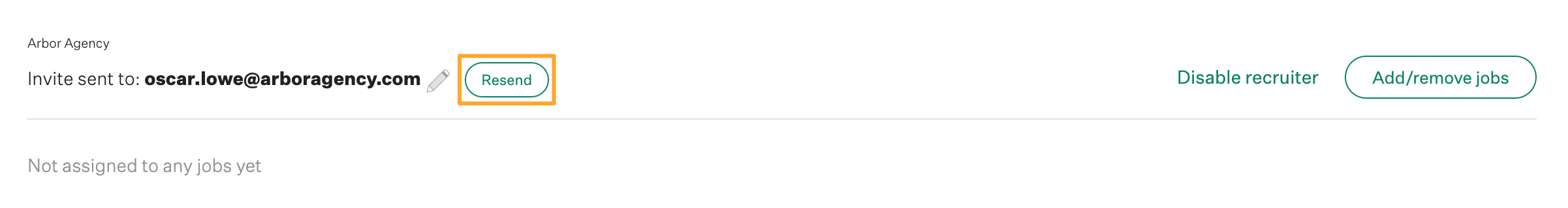 Invited agency recruiter info in Greenhouse Recruiting with resend button highlighted