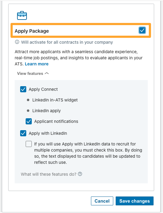 The LinkedIn integrations tile shows the Apply Package enabled with Apply Connect, candidate notifications and LinkedIn widget enabled