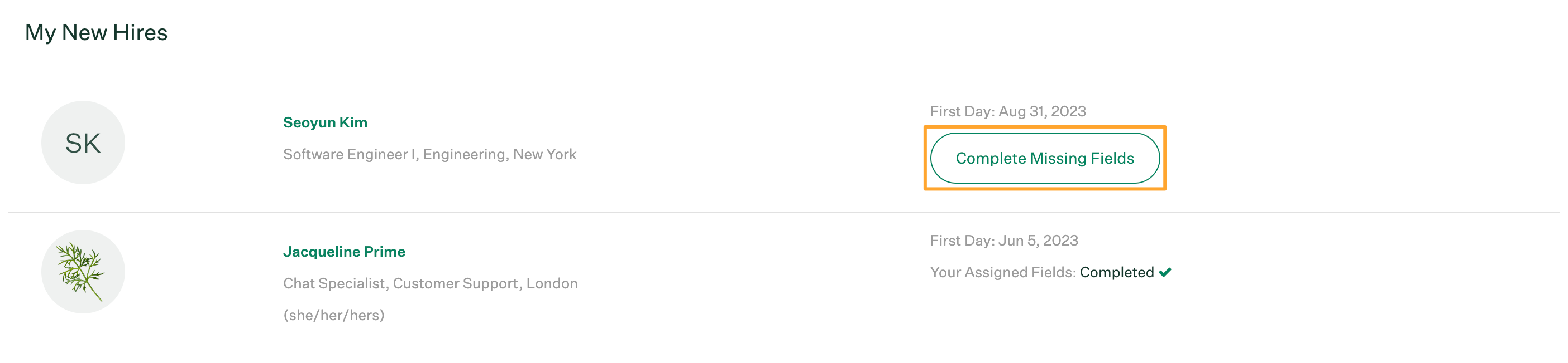 My New Hires section on manager homepage in Greenhouse Onboarding with Complete Missing Fields button highlighted