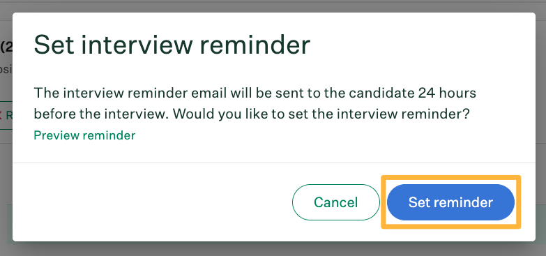 Set interview reminder pop up window with an orange box around the Set reminder button
