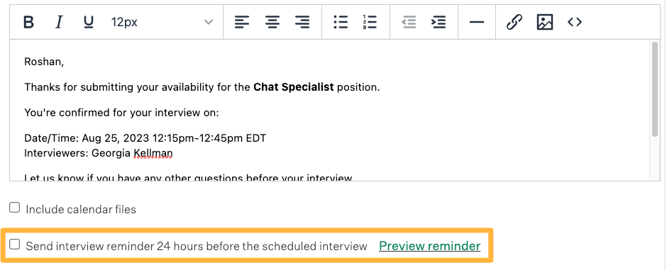 Interview confirmation email window with an orange box around the interview reminder checkbox