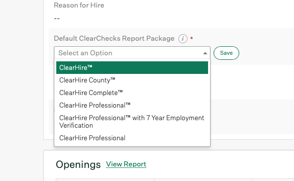 Greenhouse Recruiting shows an example job with the Default ClearChecks Report field highlighted on Job Info