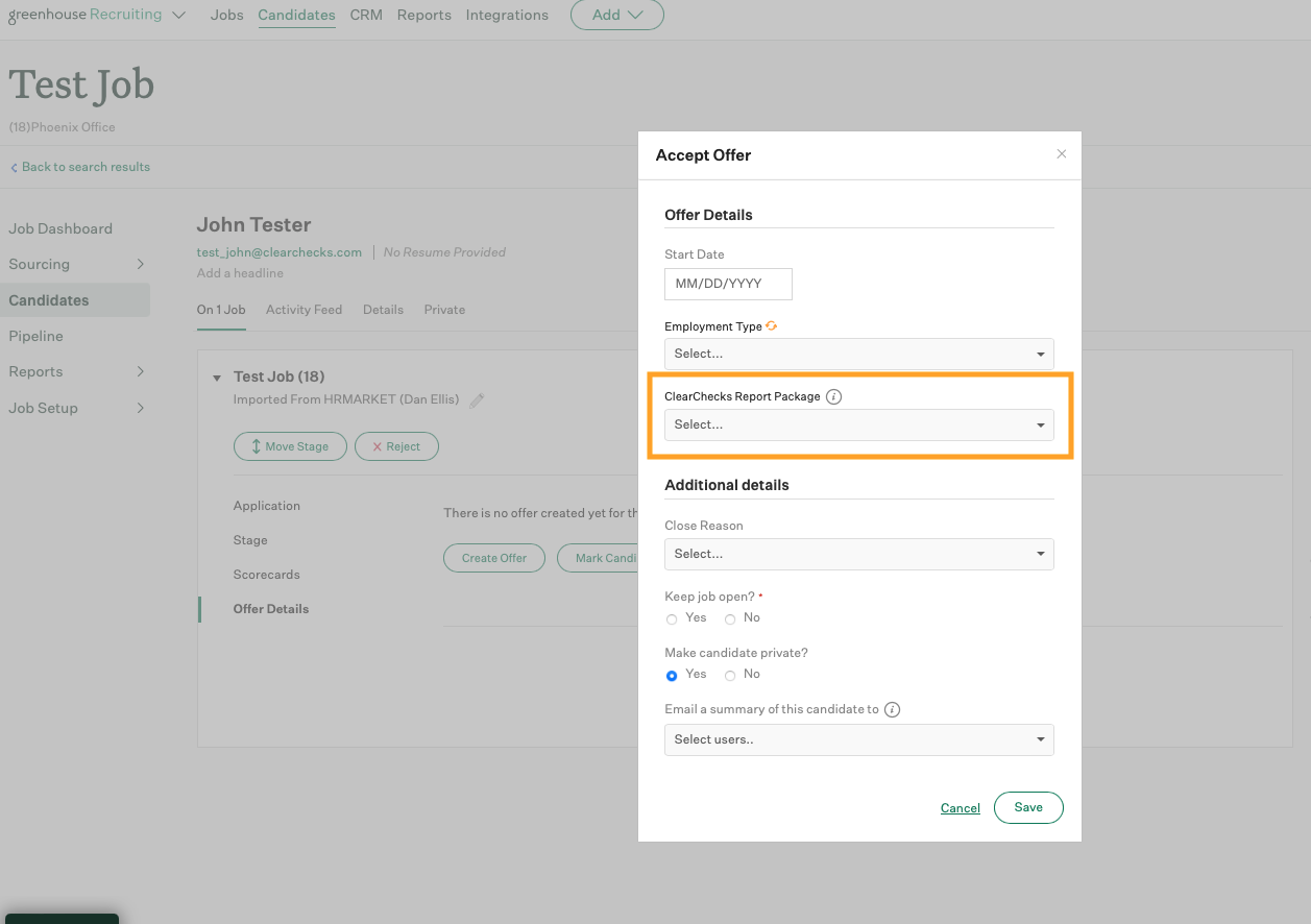 Greenhouse Recruiting shows an example job with the Default ClearChecks Report field highlighted on Job Info