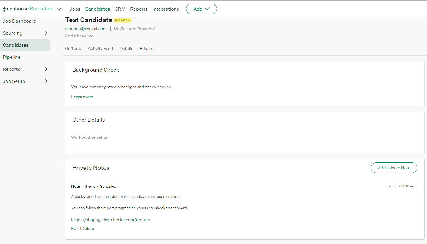 An example candidate is shown in Greenhouse Recruiting with the Private tab displaying background check status from ClearChecks in the Private Notes section