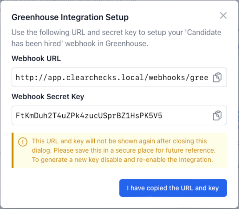 The ClearChecks platform shows an example webhook URL and webhook secret key generated for the integration with a button that says I have copied the URl and key