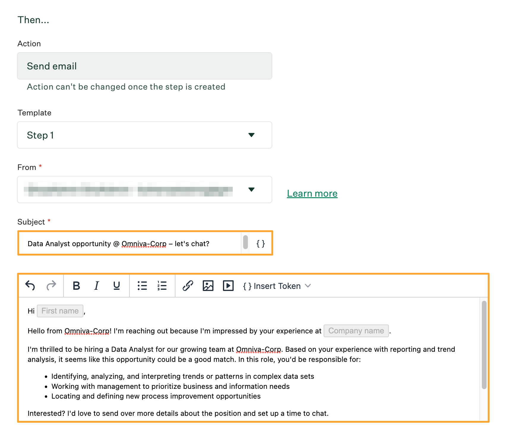 Campaign pool step editor with subject line and body fields filled out and highlighted